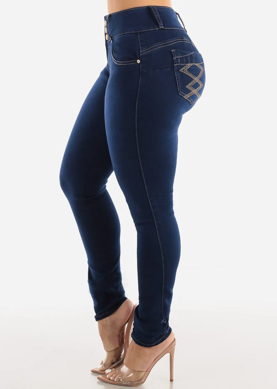 MX JEANS Butt Lifting Mid Rise Levantacola Dark Blue Skinny Jeans sold by Moda product image thumbnail 4