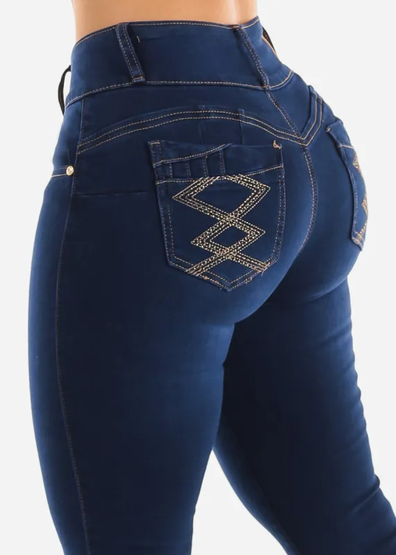 MX JEANS Butt Lifting Mid Rise Levantacola Dark Blue Skinny Jeans sold by Moda