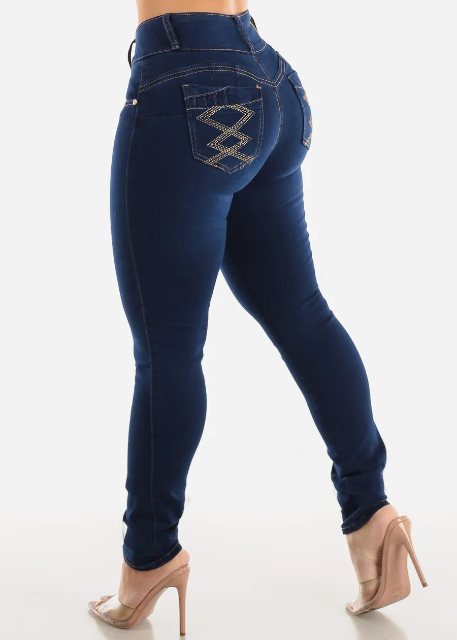 MX JEANS Butt Lifting Mid Rise Levantacola Dark Blue Skinny Jeans sold by Moda product image thumbnail 5