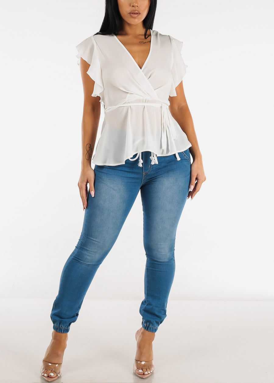 White Short Sleeve Surplice Peplum Blouse sold by Moda product image thumbnail 2