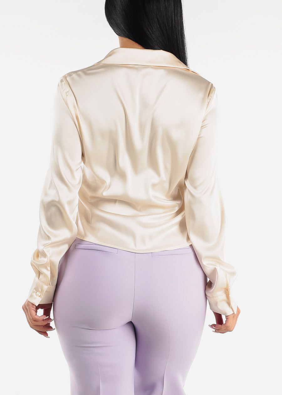 Long Sleeve Button Satin Blouse Ivory w Ruched Front sold by Moda product image thumbnail 4