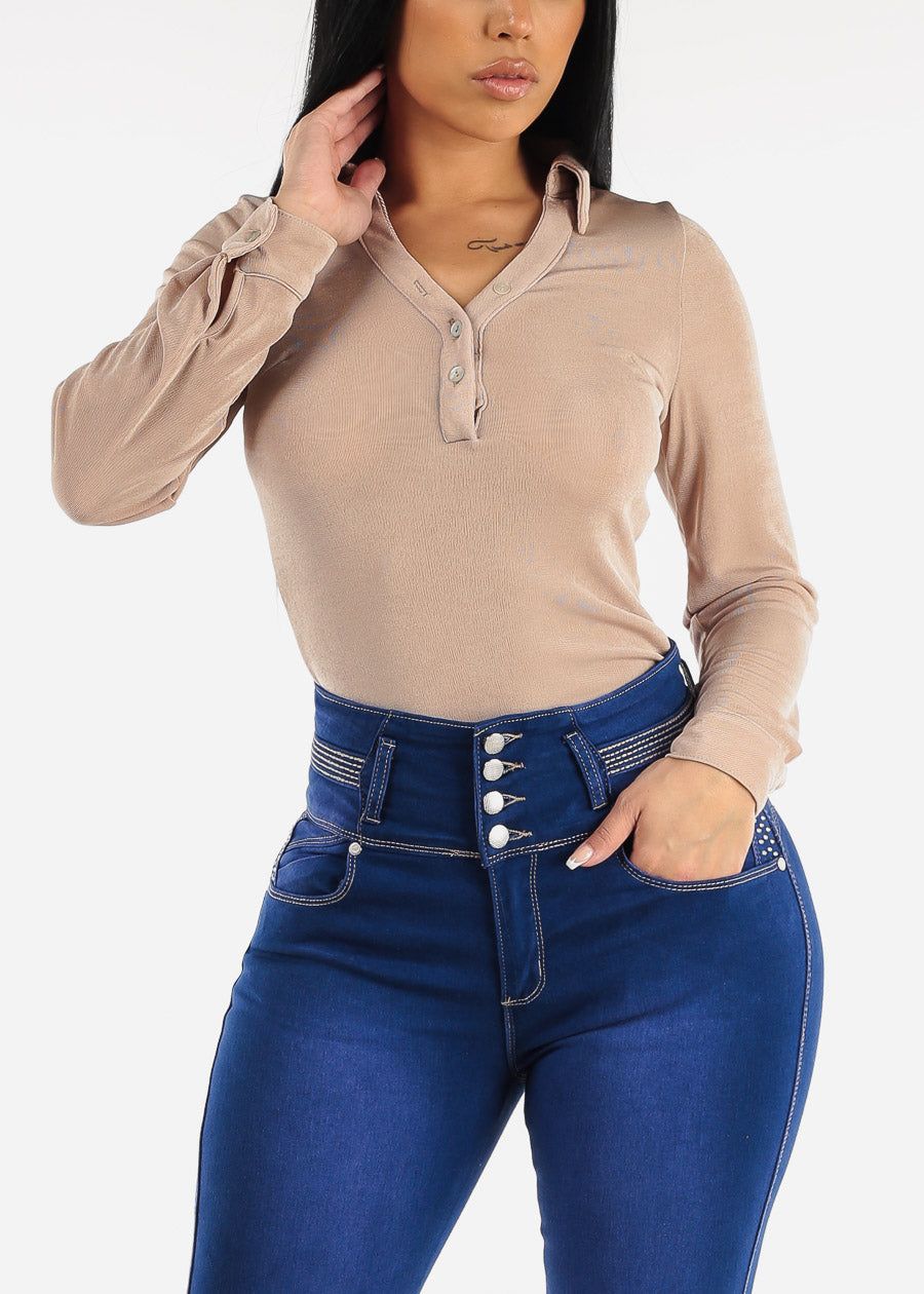 Long Sleeve Slinky Fitted Blouse Beige sold by Moda