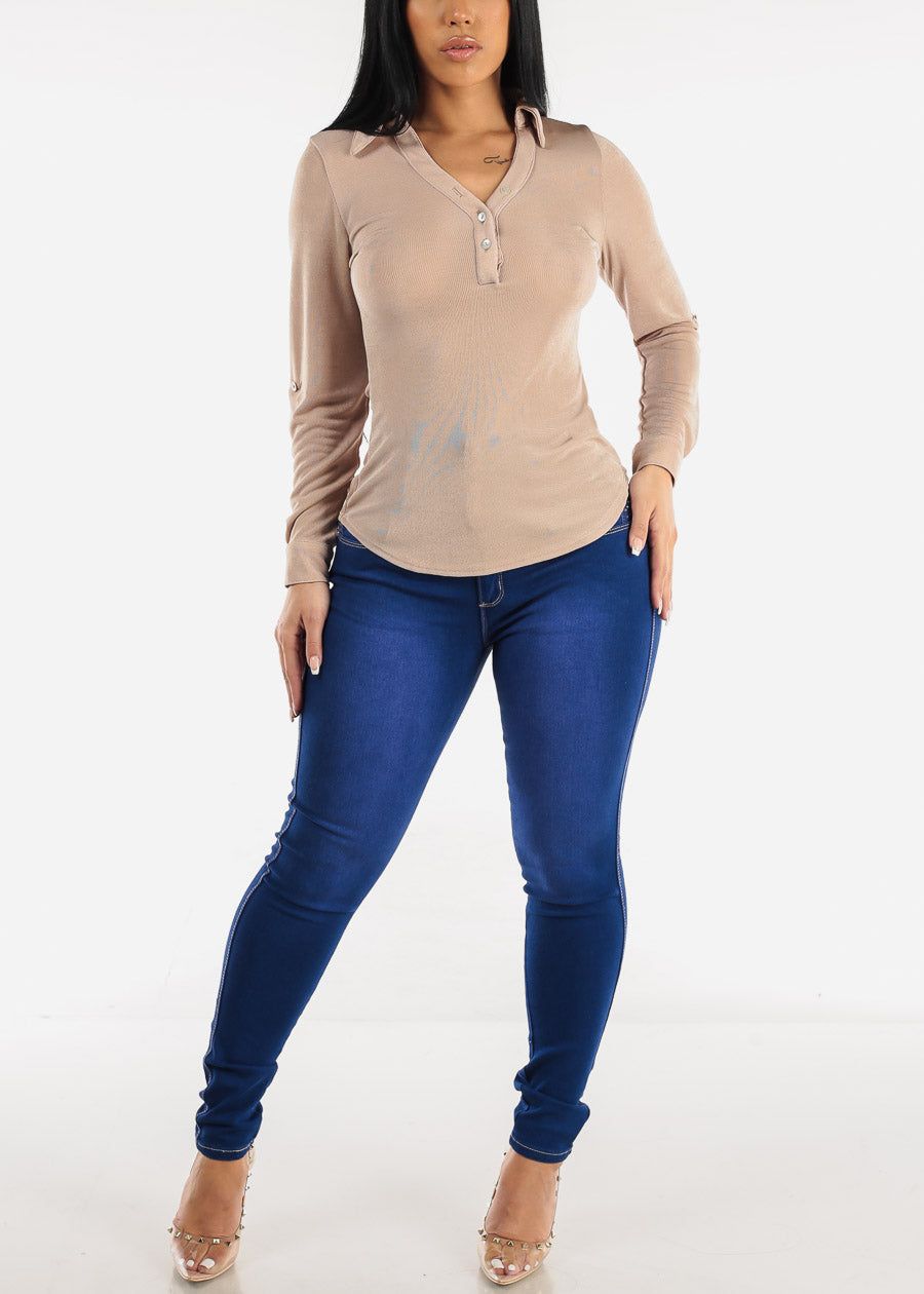 Long Sleeve Slinky Fitted Blouse Beige sold by Moda product image thumbnail 2