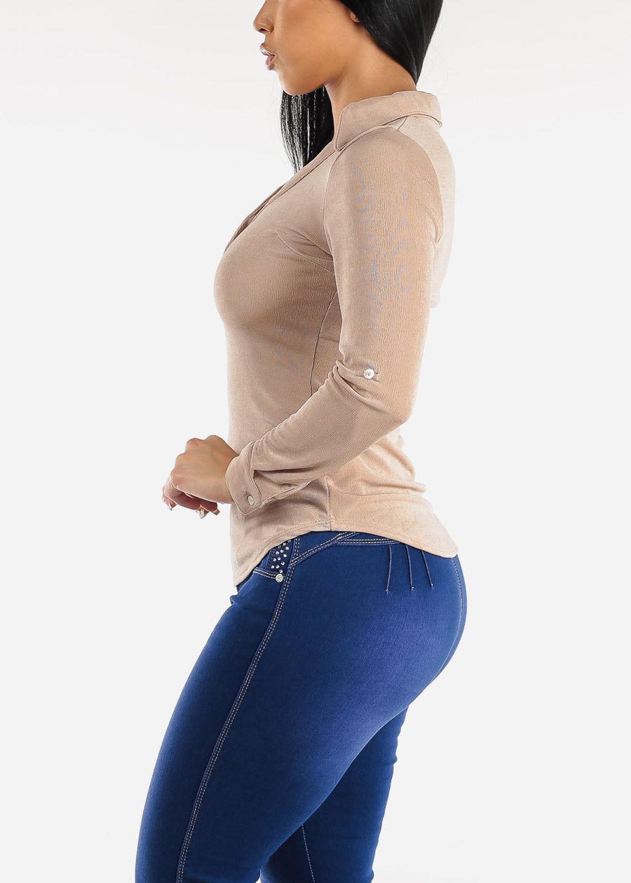 Long Sleeve Slinky Fitted Blouse Beige sold by Moda product image thumbnail 3