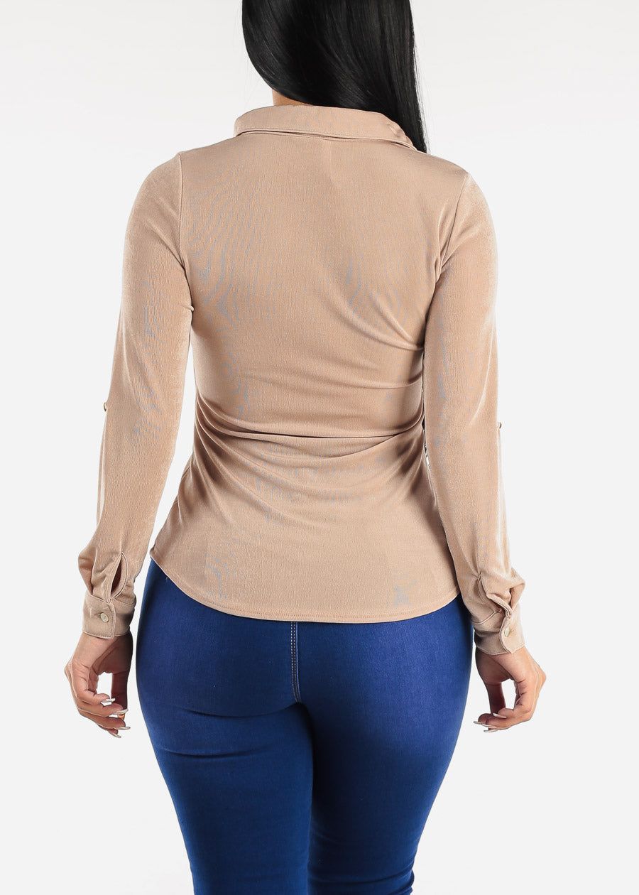 Long Sleeve Slinky Fitted Blouse Beige sold by Moda product image thumbnail 4