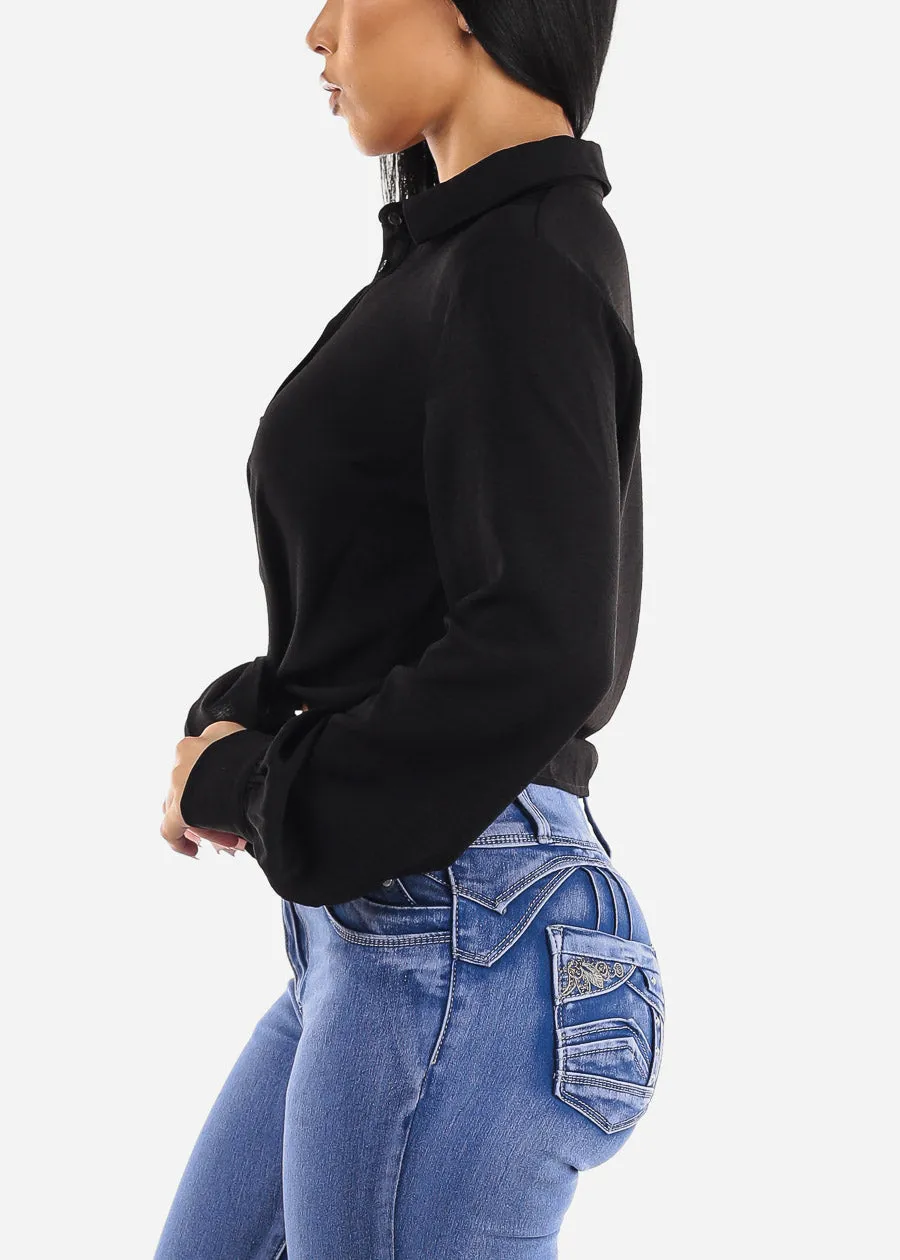 Long Sleeve Tie Front Button Up Black Collared Blouse sold by Moda product image thumbnail 5