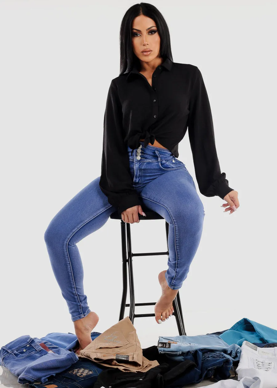 Long Sleeve Tie Front Button Up Black Collared Blouse sold by Moda product image thumbnail 3