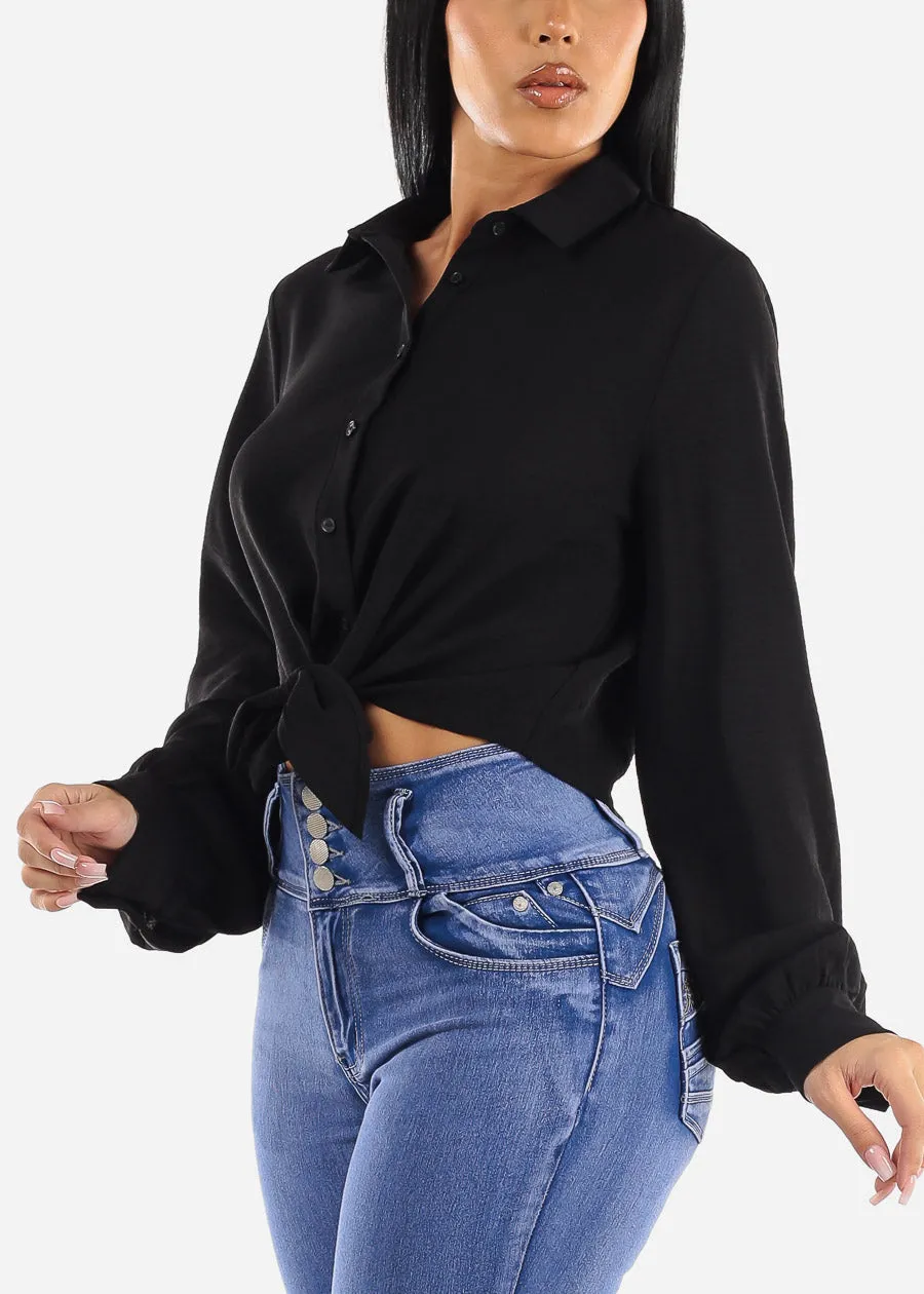 Long Sleeve Tie Front Button Up Black Collared Blouse sold by Moda
