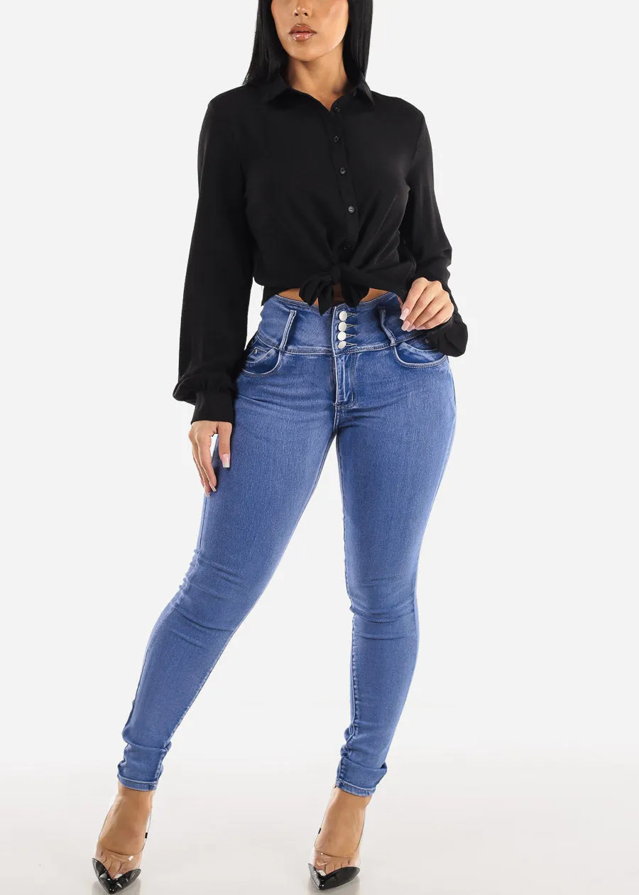Long Sleeve Tie Front Button Up Black Collared Blouse sold by Moda product image thumbnail 4