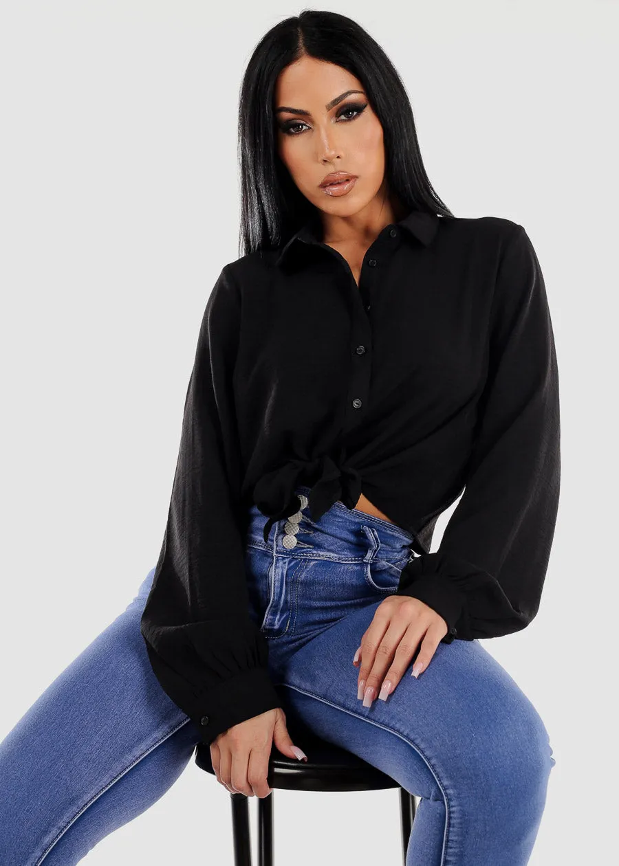 Long Sleeve Tie Front Button Up Black Collared Blouse sold by Moda product image thumbnail 2