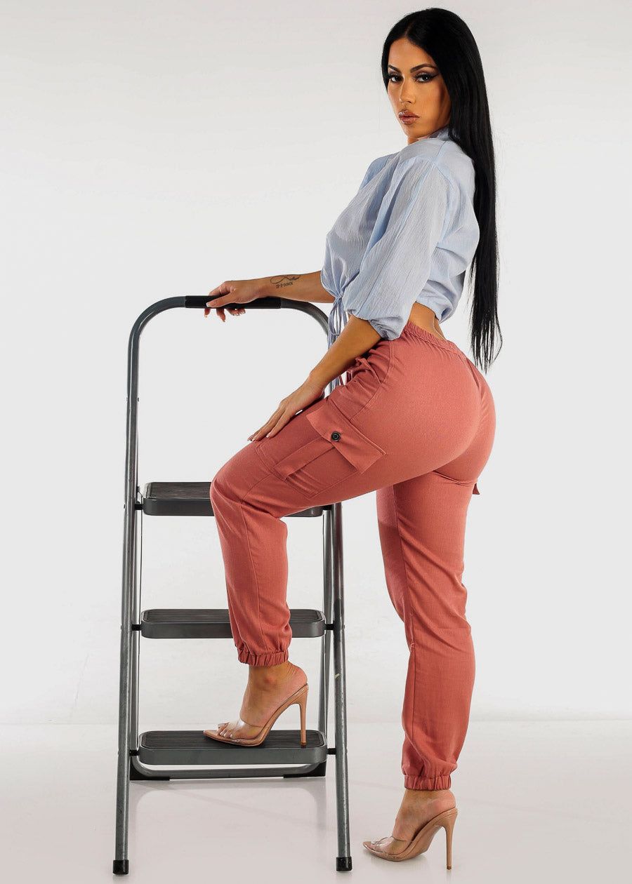 Drawstring Waist Linen Cargo Joggers Terra sold by Moda product image thumbnail 3