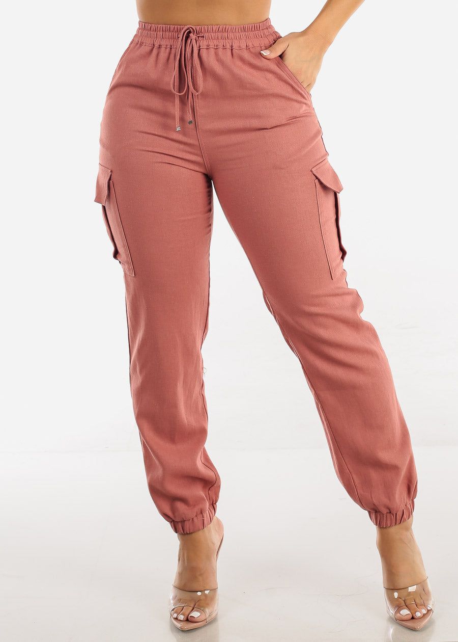 Drawstring Waist Linen Cargo Joggers Terra sold by Moda