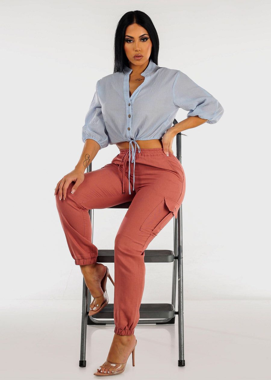 Drawstring Waist Linen Cargo Joggers Terra sold by Moda product image thumbnail 2