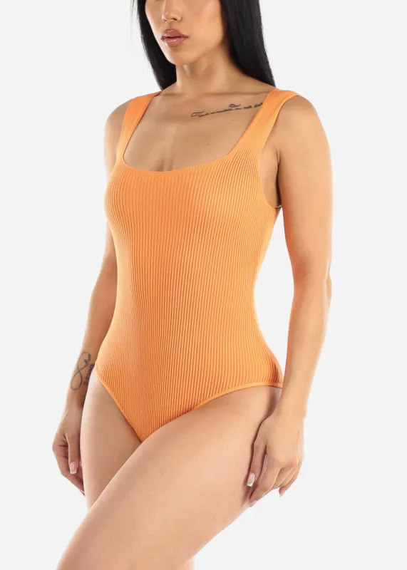 Square Neck Sleeveless Ribbed Bodysuit Orange sold by Moda