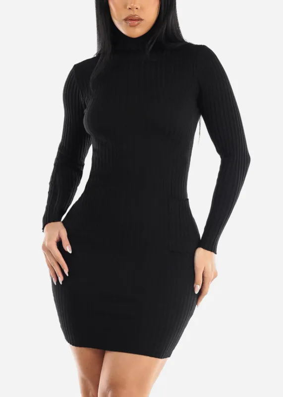 Long Sleeve Black Turtleneck Sweater Dress w Pockets sold by Moda