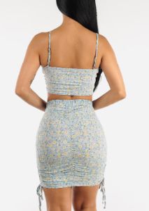 Sleeveless Floral Corset Crop Top & Ruched Mini Skirt Blue (2 PCE SET) sold by Moda