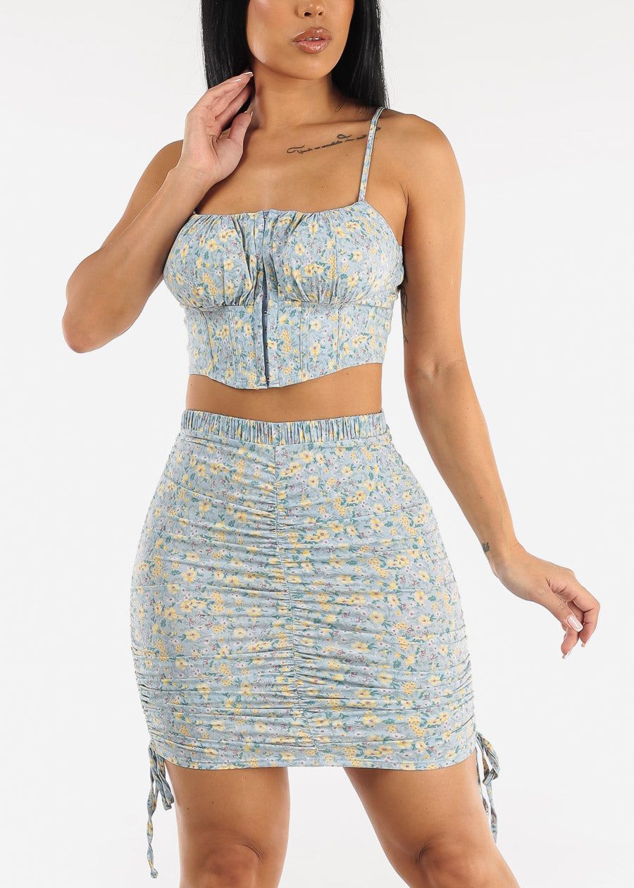 Sleeveless Floral Corset Crop Top & Ruched Mini Skirt Blue (2 PCE SET) sold by Moda
