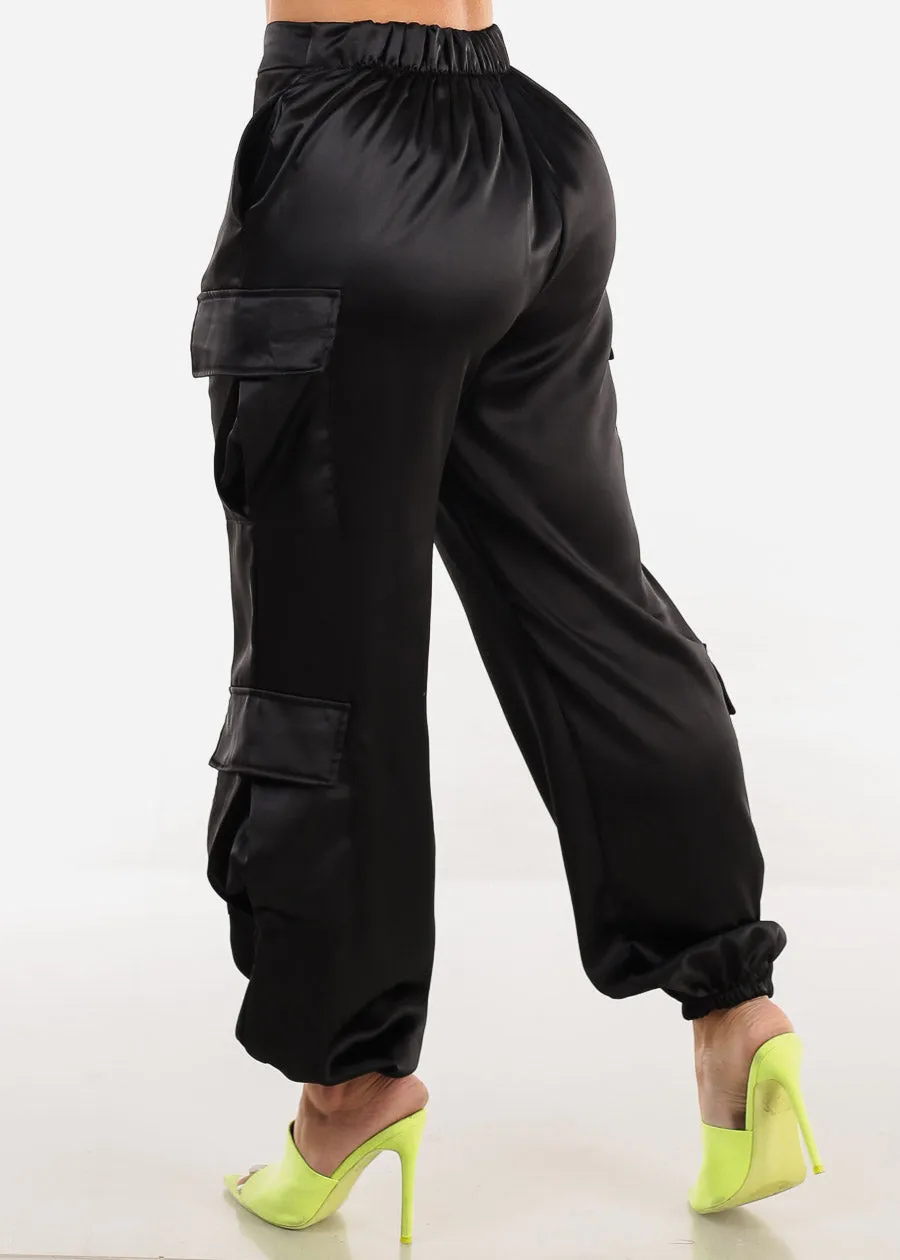 Super High Rise Black Satin Cargo Jogger Pants sold by Moda product image thumbnail 5