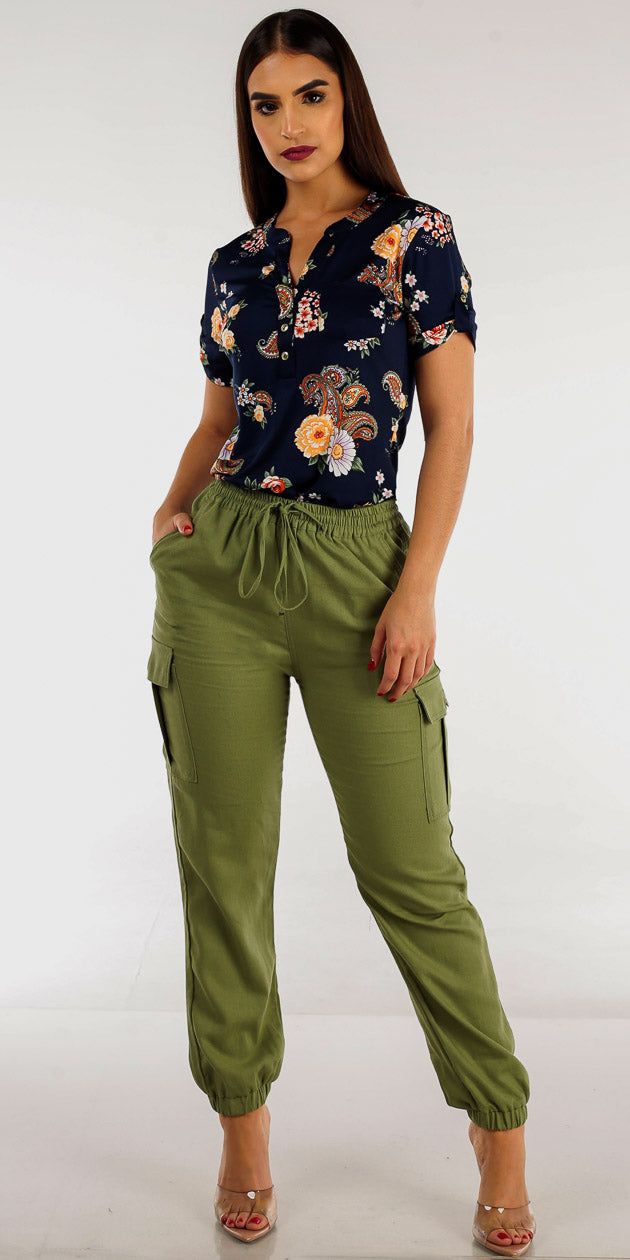 High Waist Olive Cargo Jogger Pants with Navy Short Sleeve Floral Blouse sold by Moda