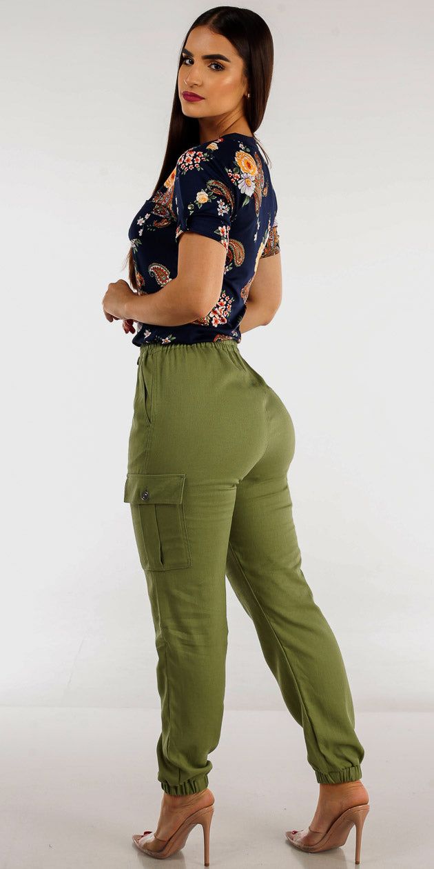 High Waist Olive Cargo Jogger Pants with Navy Short Sleeve Floral Blouse sold by Moda product image thumbnail 2