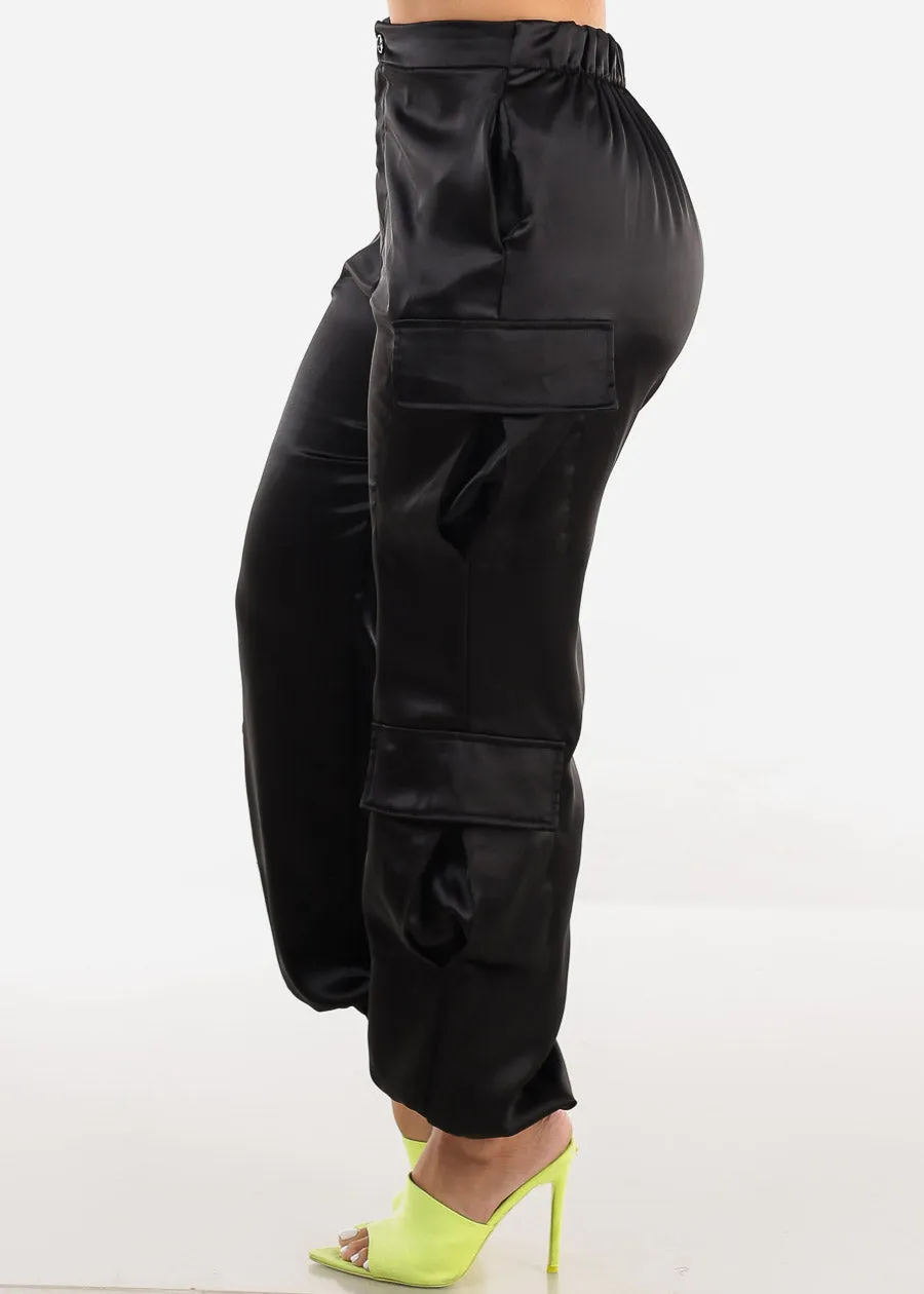 Super High Rise Black Satin Cargo Jogger Pants sold by Moda product image thumbnail 4