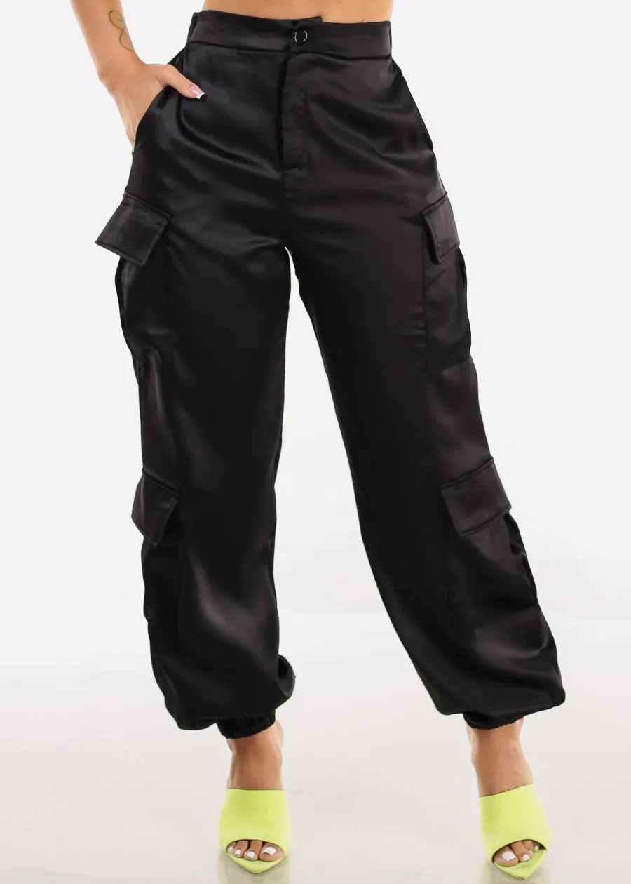 Super High Rise Black Satin Cargo Jogger Pants sold by Moda