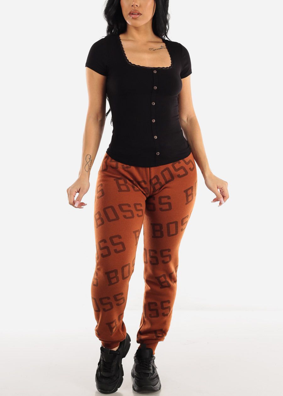 Ribbed Short Sleeve Black Fitted Top w Lace Trim sold by Moda product image thumbnail 2