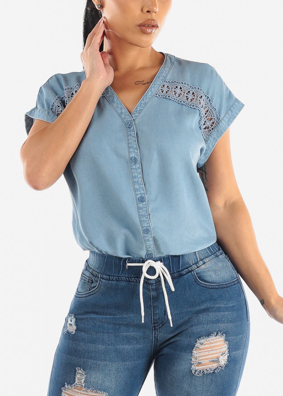 Dolman Short Sleeve Vneck Button Down Denim Blouse sold by Moda