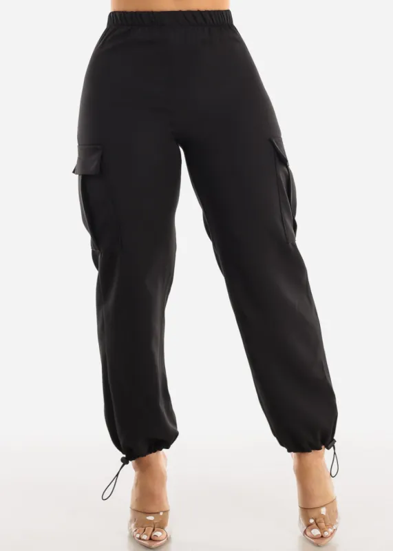 Black High Waist Drawstring Hem Cargo Pants sold by Moda