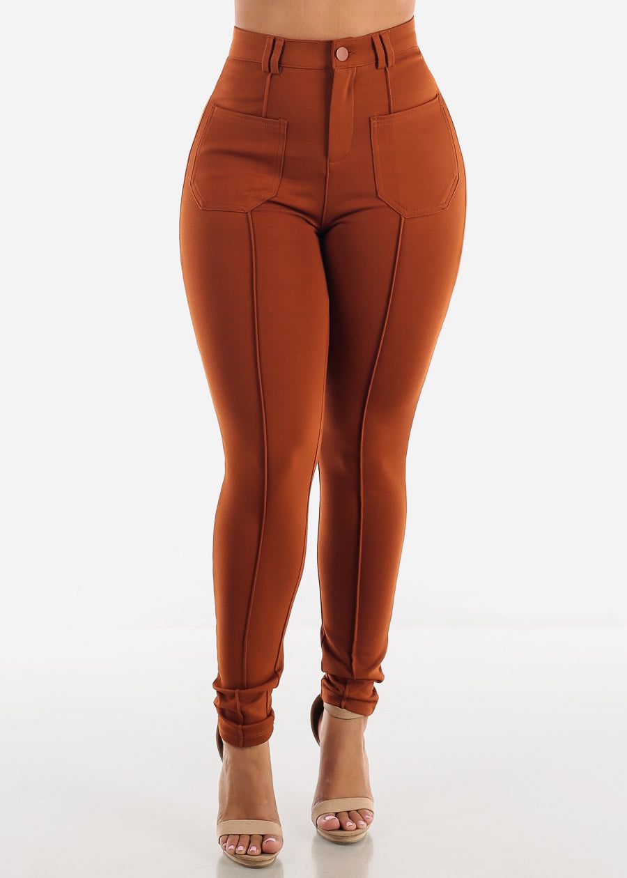 1 Button High Waisted Brown Skinny Pants sold by Moda