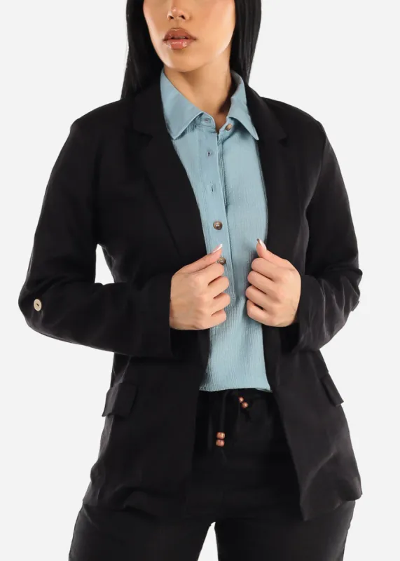 Black Linen Long Sleeve Open Front Blazer sold by Moda