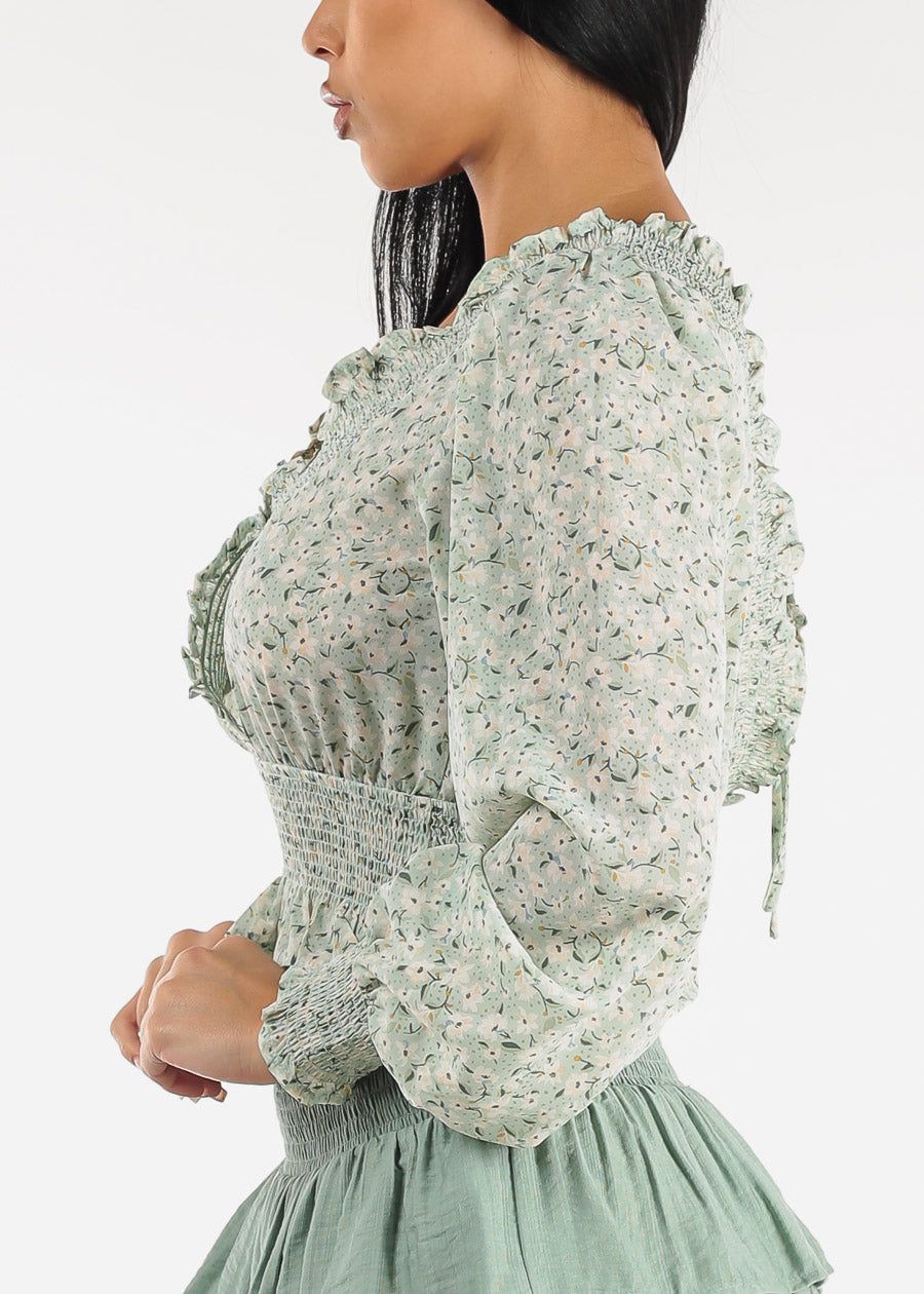 Long Sleeve Floral Surplice Smocked Top Mint sold by Moda product image thumbnail 4