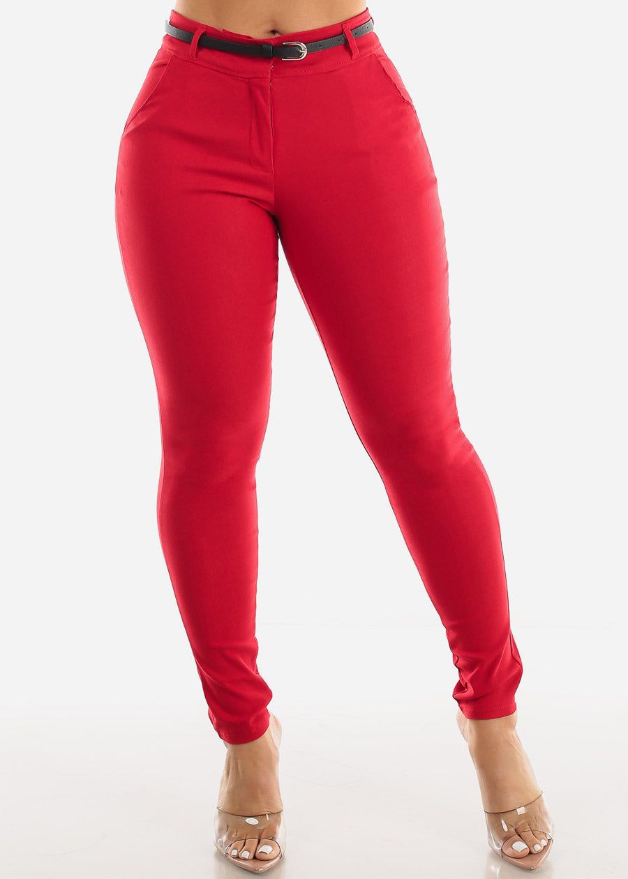 Red High Waisted Belted Dressy Skinny Pants sold by Moda