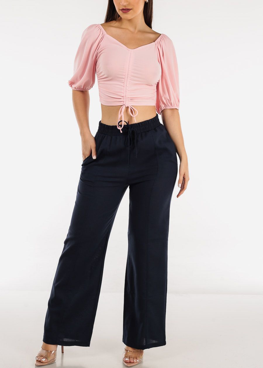 Elbow Sleeve Ruched Front Crop Top Pink sold by Moda product image thumbnail 2