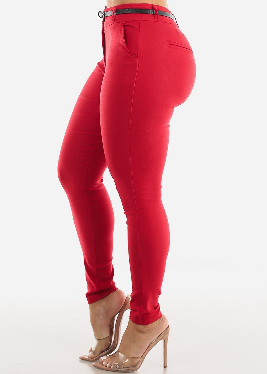 Red High Waisted Belted Dressy Skinny Pants sold by Moda product image thumbnail 3