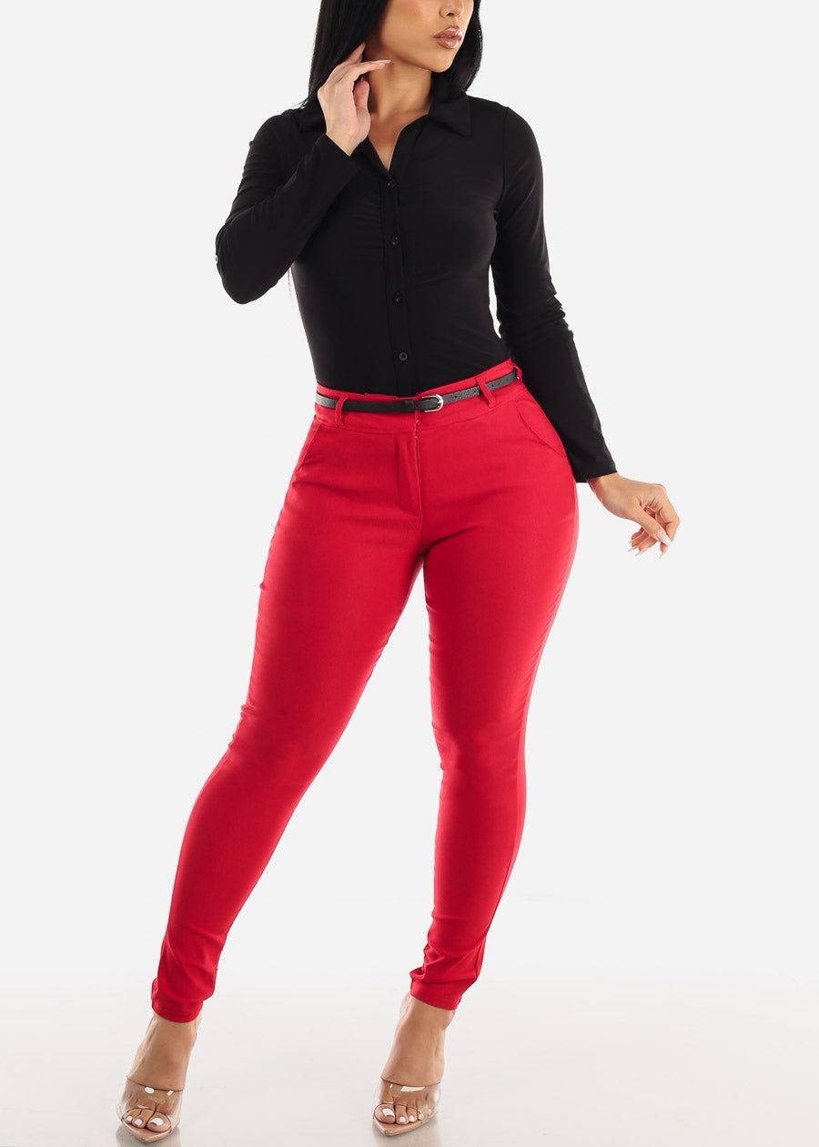 Red High Waisted Belted Dressy Skinny Pants sold by Moda product image thumbnail 2