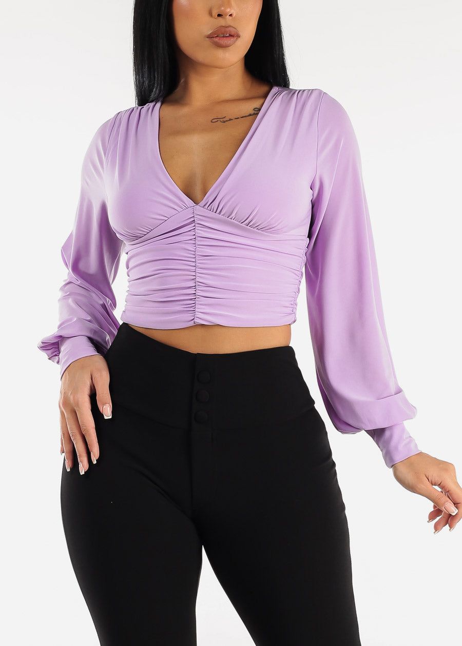 Bubble Sleeve Vneck Ruched Top Light Purple sold by Moda
