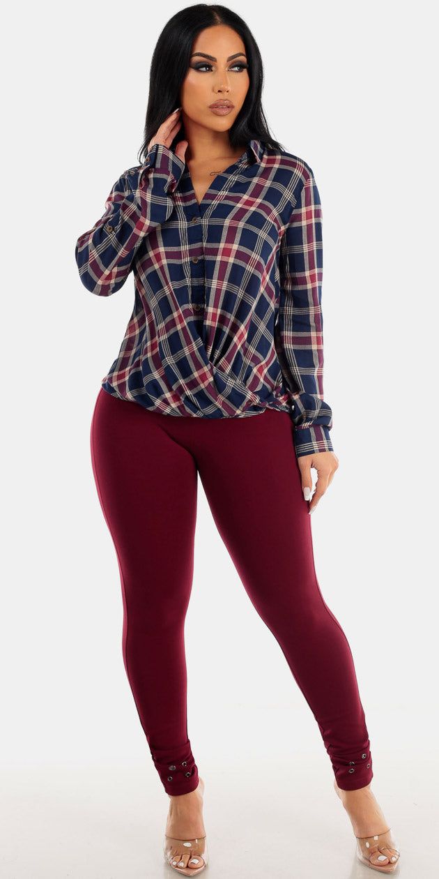 High Rise Butt Lifting Wine Skinny Pants with Navy Long Sleeve Twist Front Plaid Shirt sold by Moda