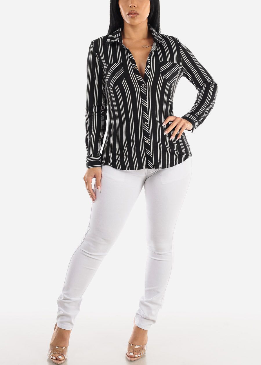 Black Long Sleeve Button Up Stripe Shirt sold by Moda product image thumbnail 2