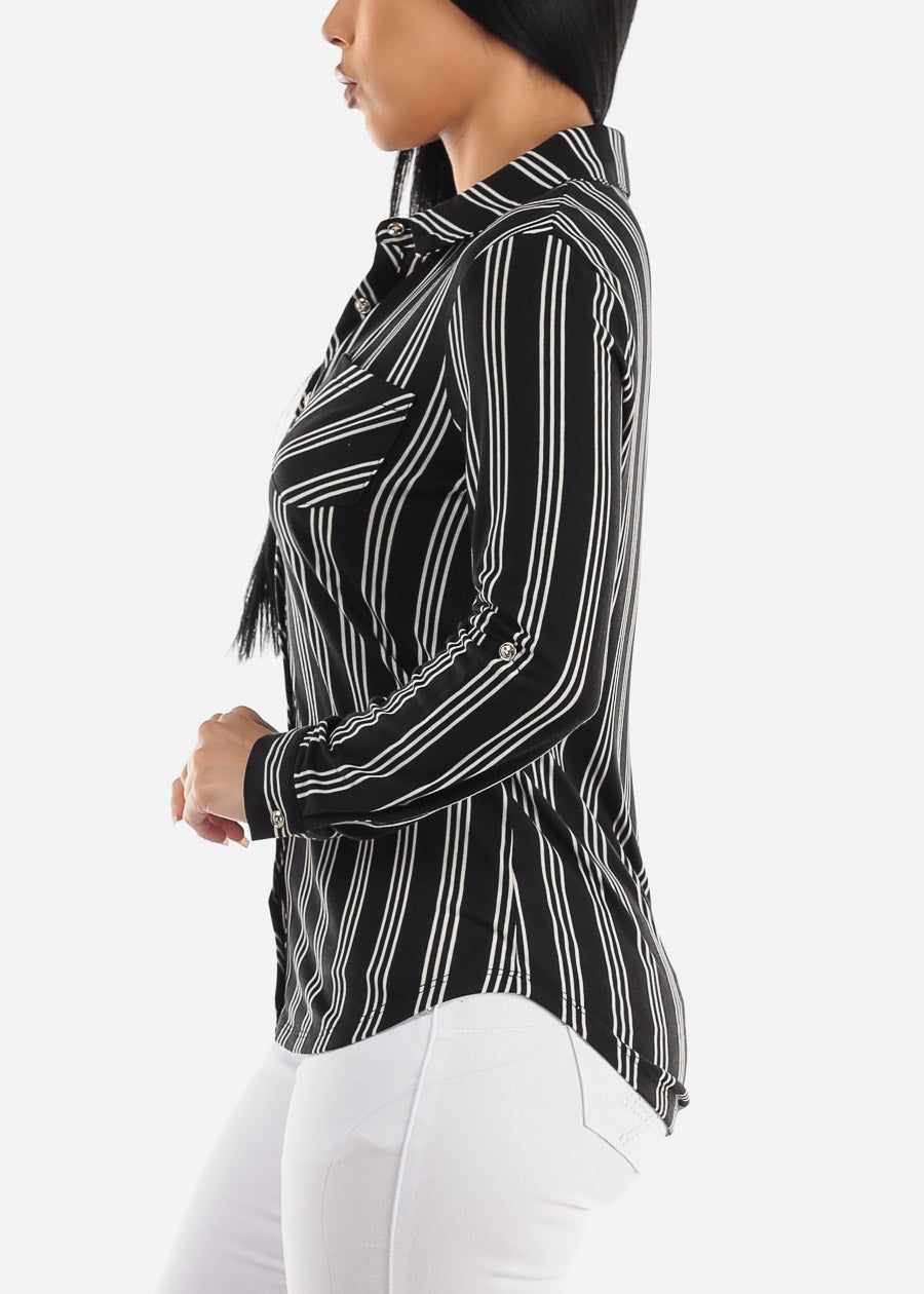 Black Long Sleeve Button Up Stripe Shirt sold by Moda product image thumbnail 3
