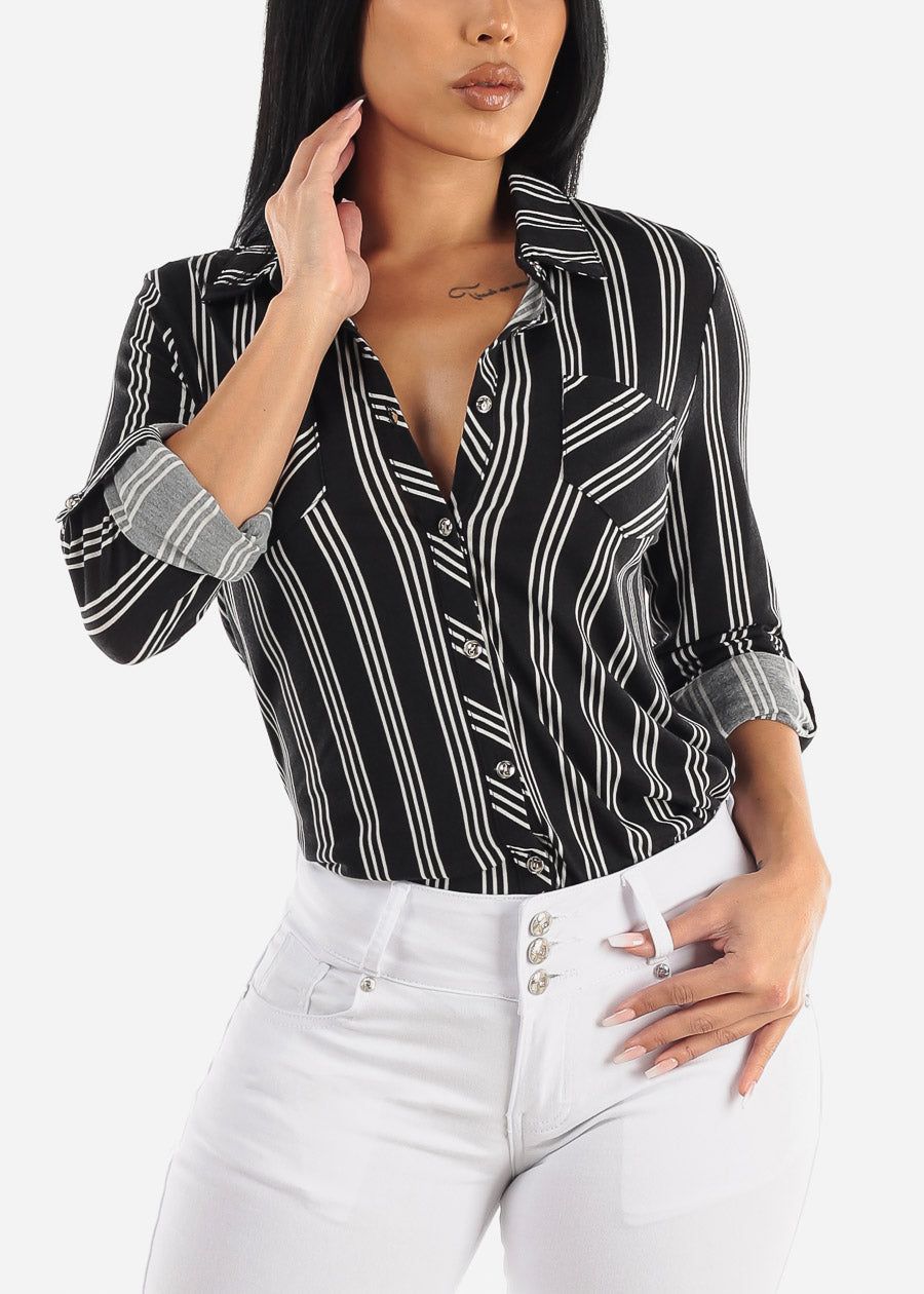 Black Long Sleeve Button Up Stripe Shirt sold by Moda
