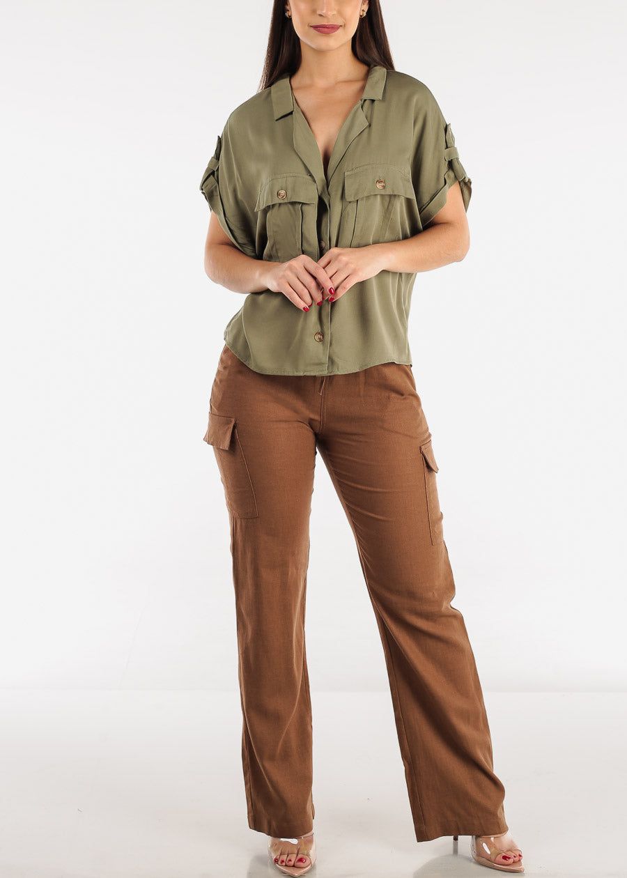 High Waist Straight Leg Linen Cargo Pants Brown sold by Moda product image thumbnail 2