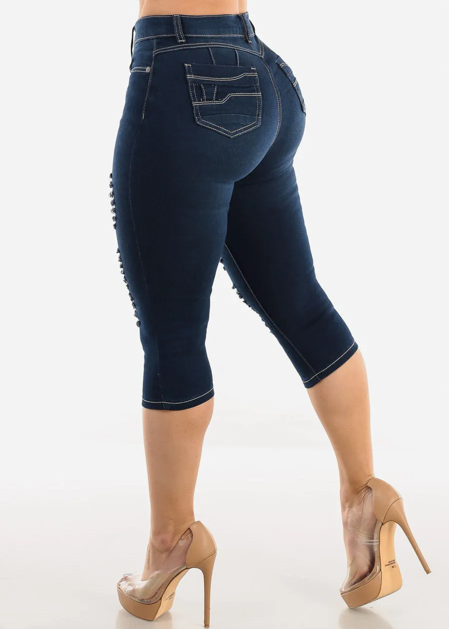 High Waisted Butt Lifting Ripped Dark Denim Capris sold by Moda