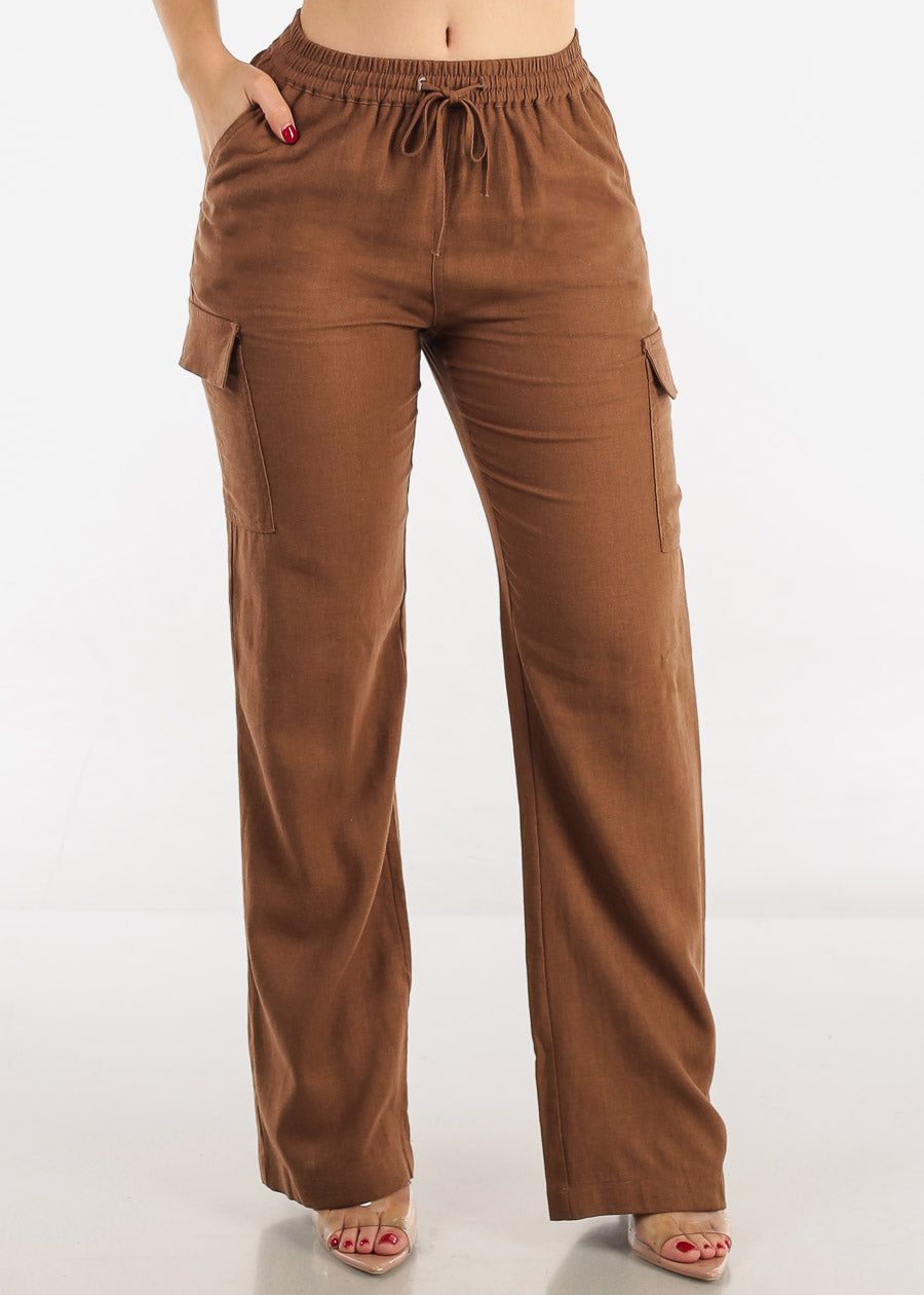 High Waist Straight Leg Linen Cargo Pants Brown sold by Moda