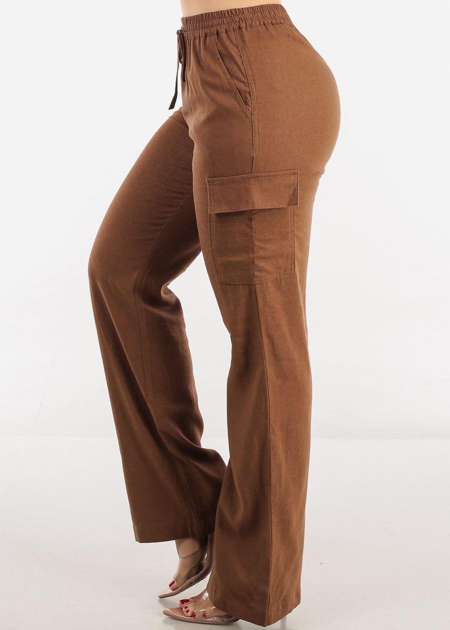 High Waist Straight Leg Linen Cargo Pants Brown sold by Moda product image thumbnail 3