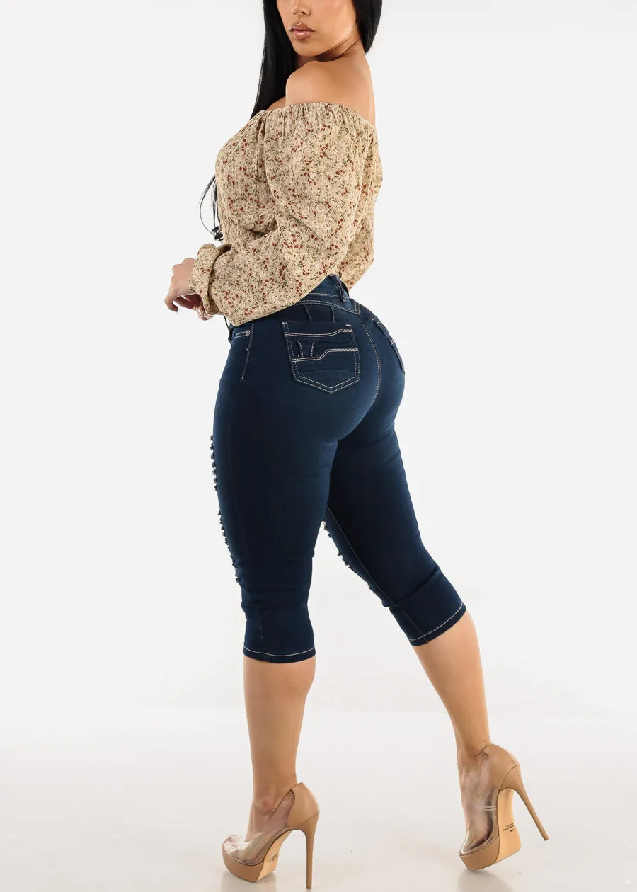 High Waisted Butt Lifting Ripped Dark Denim Capris sold by Moda product image thumbnail 5