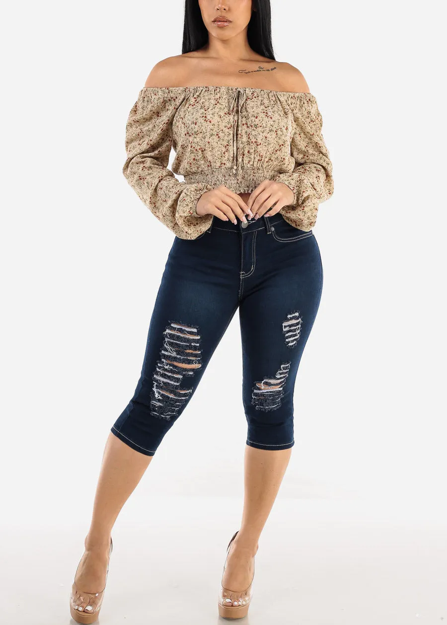 High Waisted Butt Lifting Ripped Dark Denim Capris sold by Moda product image thumbnail 2