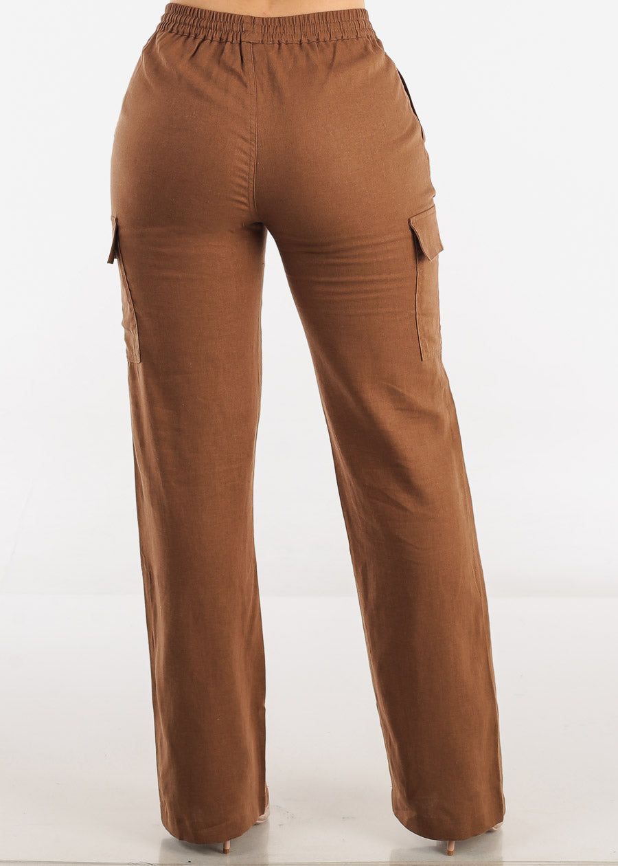 High Waist Straight Leg Linen Cargo Pants Brown sold by Moda product image thumbnail 4