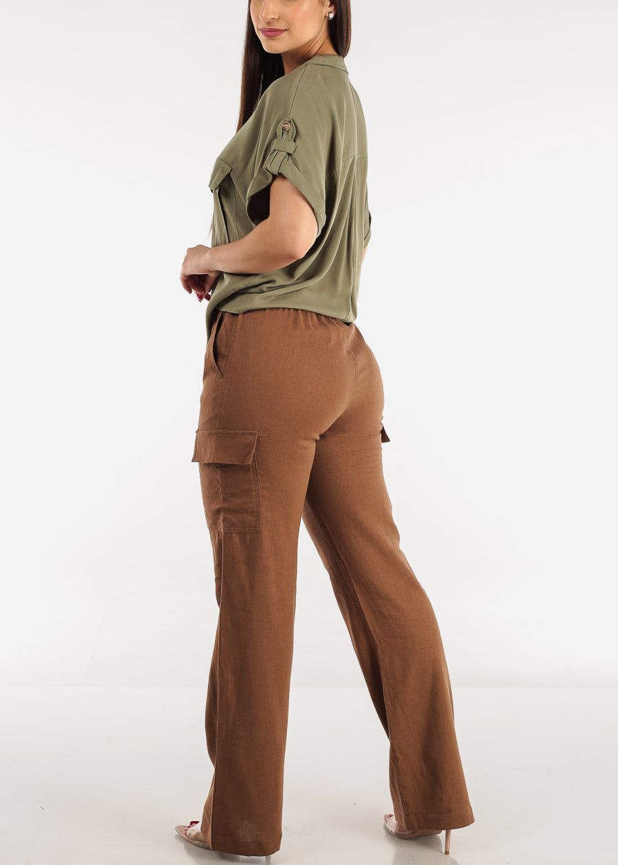 High Waist Straight Leg Linen Cargo Pants Brown sold by Moda product image thumbnail 5