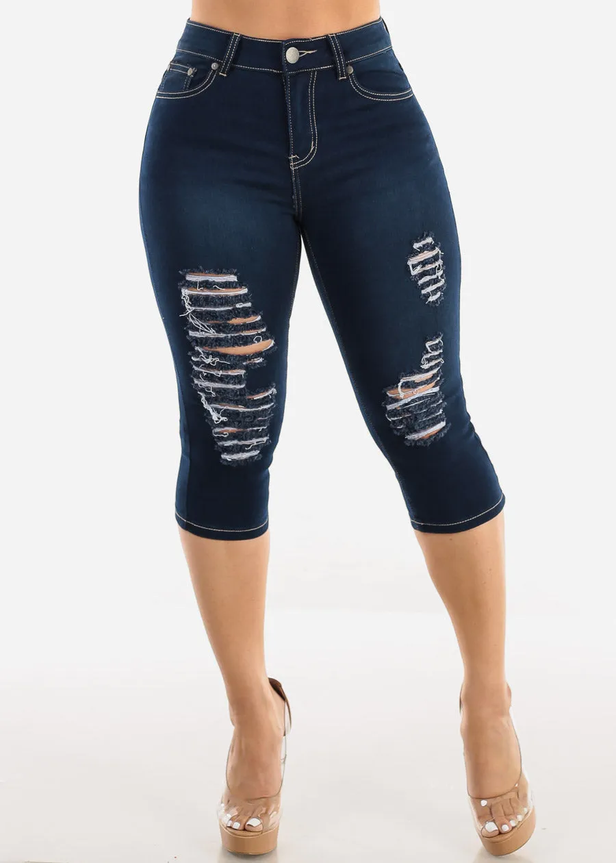 High Waisted Butt Lifting Ripped Dark Denim Capris sold by Moda product image thumbnail 3